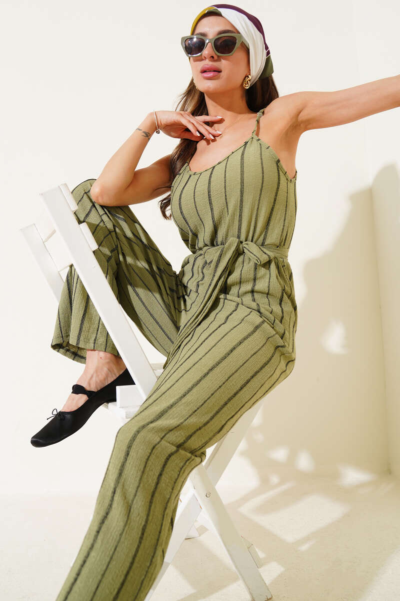 Striped Crinkle Spaghetti-Strap Jumpsuit - Almond Green