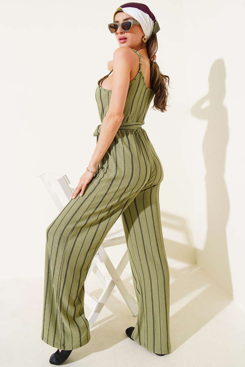 Striped Crinkle Spaghetti-Strap Jumpsuit - Almond Green