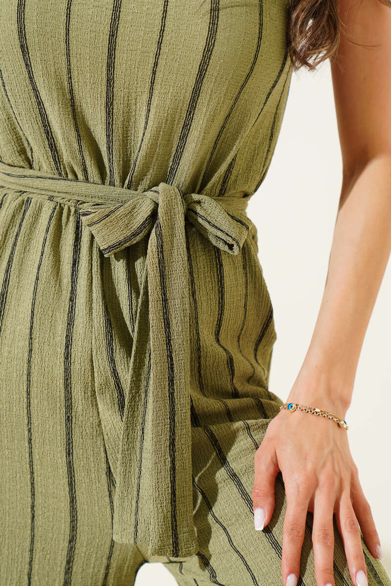 Striped Crinkle Spaghetti-Strap Jumpsuit - Almond Green
