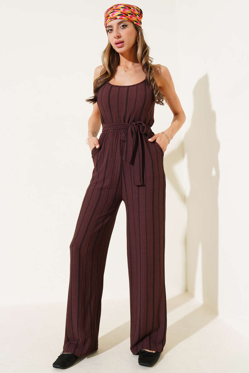 Striped Crinkle Spaghetti-Strap Jumpsuit - Brown