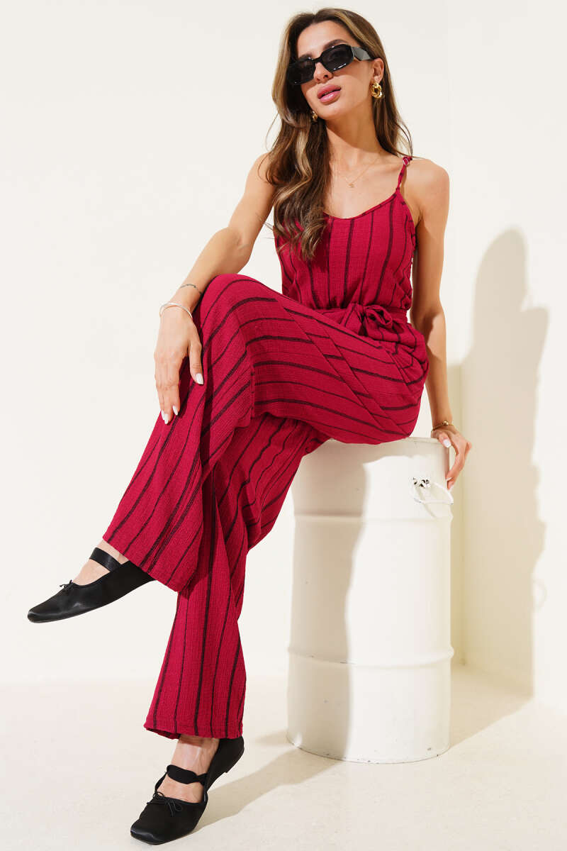 Striped Crinkle Spaghetti-Strap Jumpsuit - Plum