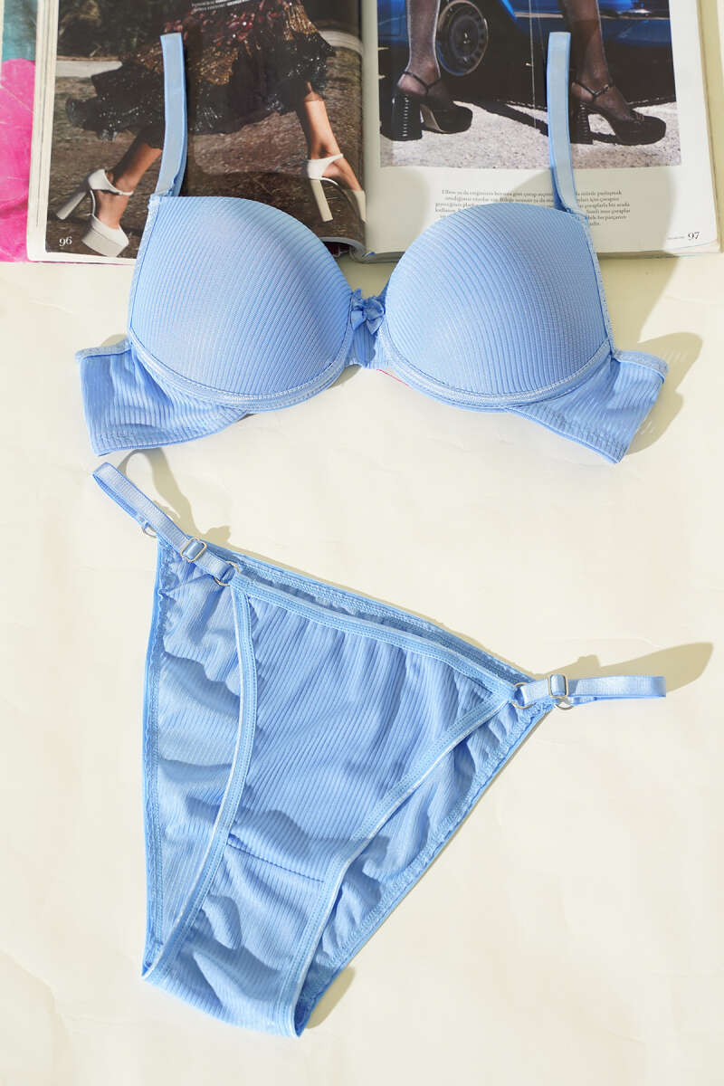 Striped Padded Bra Set - Light Blue
