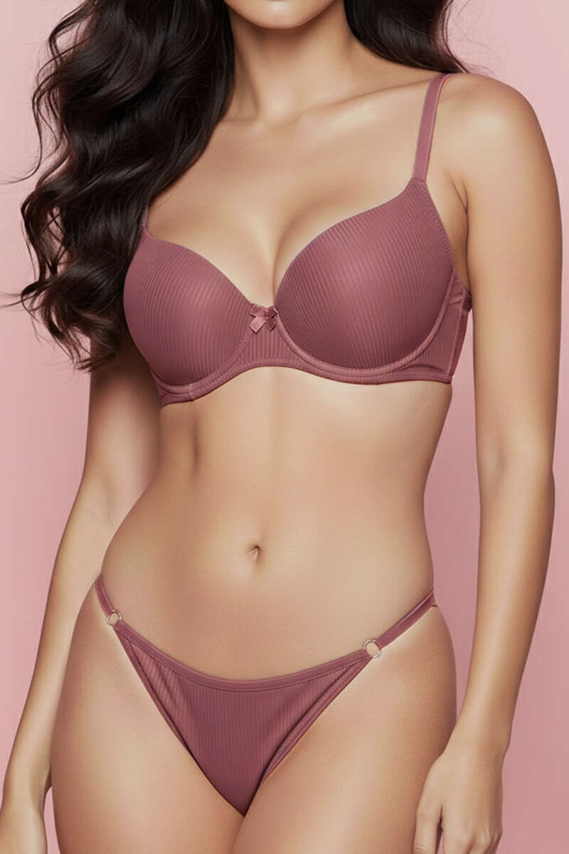 Striped Padded Bra Set - Dusty Rose