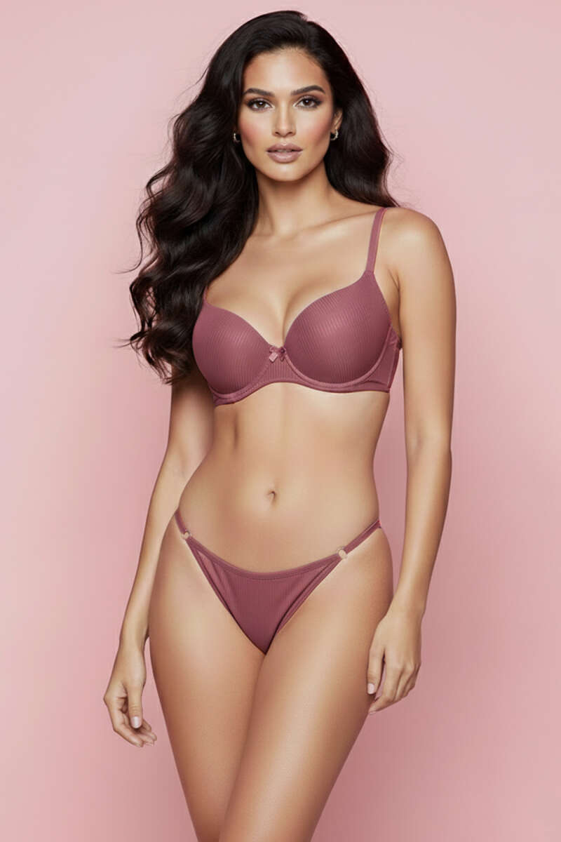 Striped Padded Bra Set - Dusty Rose