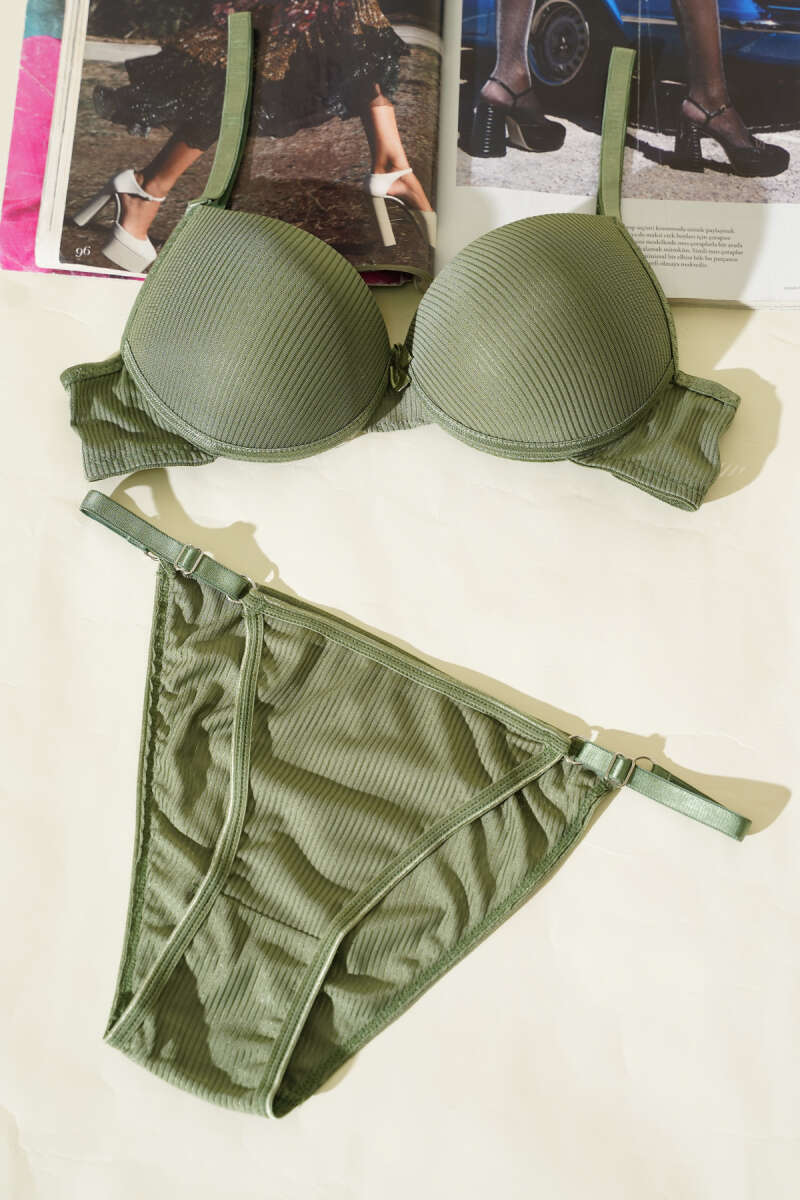 Striped Padded Bra Set - Khaki