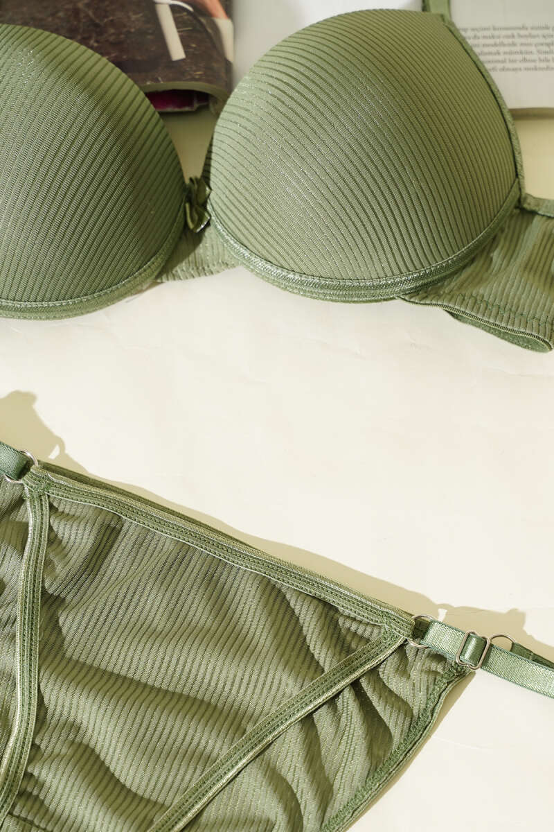 Striped Padded Bra Set - Khaki