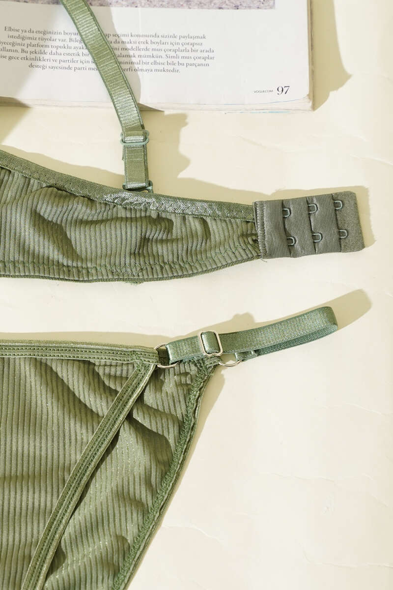 Striped Padded Bra Set - Khaki