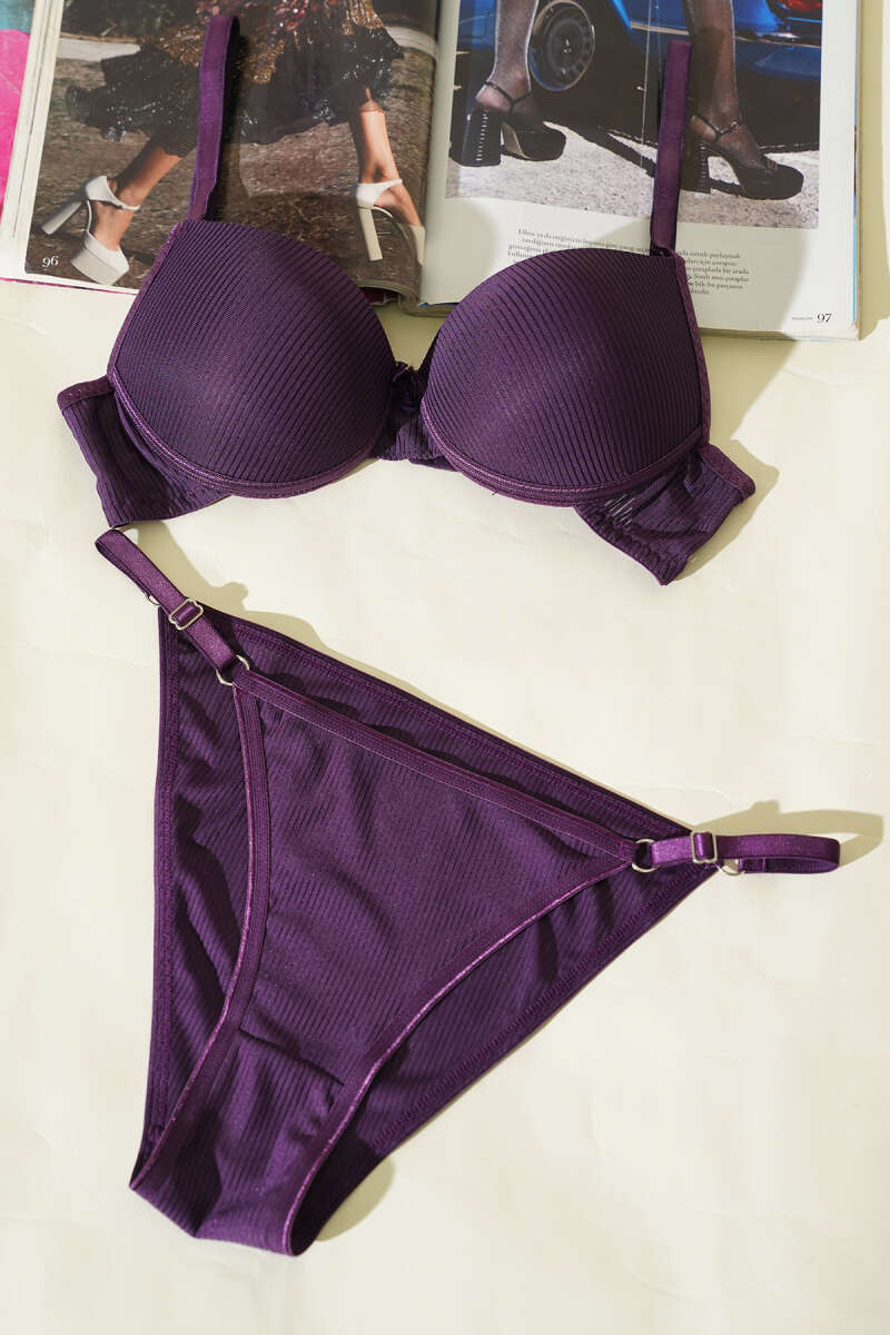 Striped Padded Bra Set - Purple