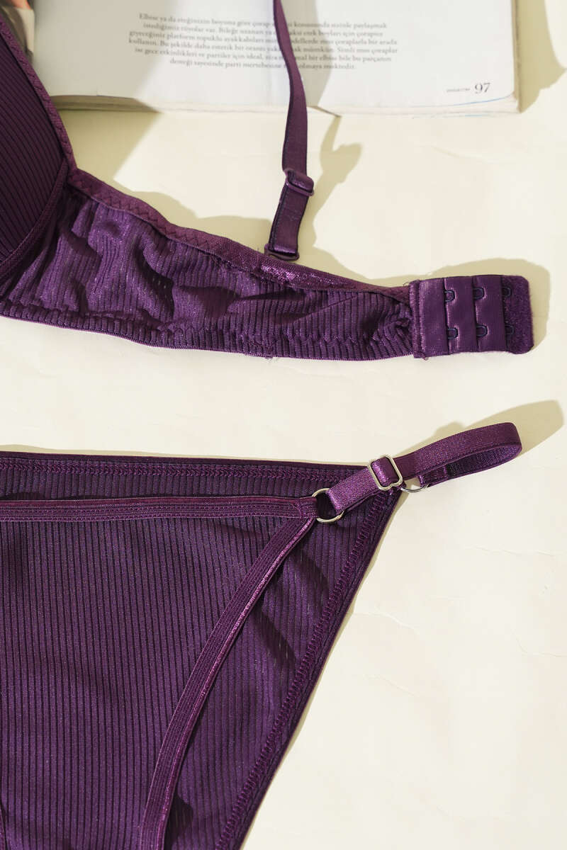 Striped Padded Bra Set - Purple