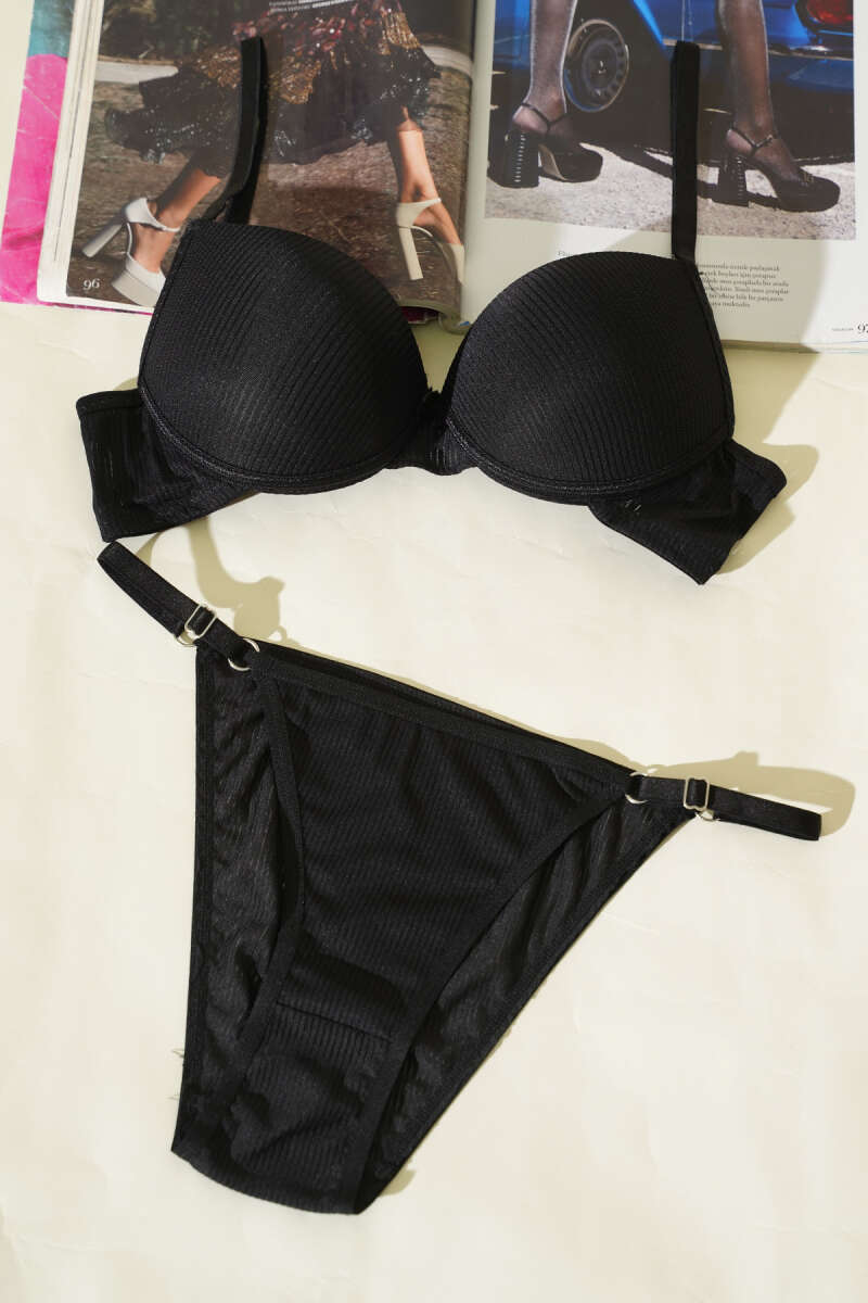Striped Padded Bra Set - Black