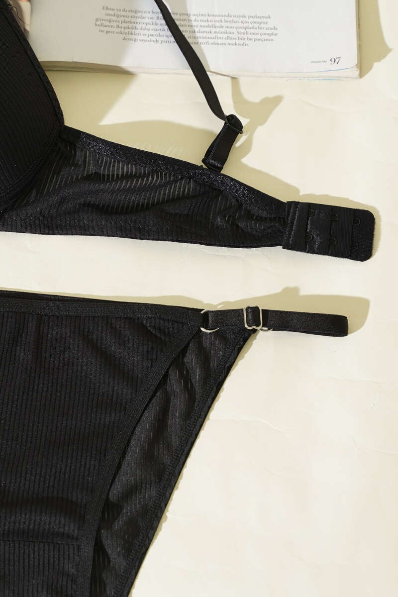 Striped Padded Bra Set - Black