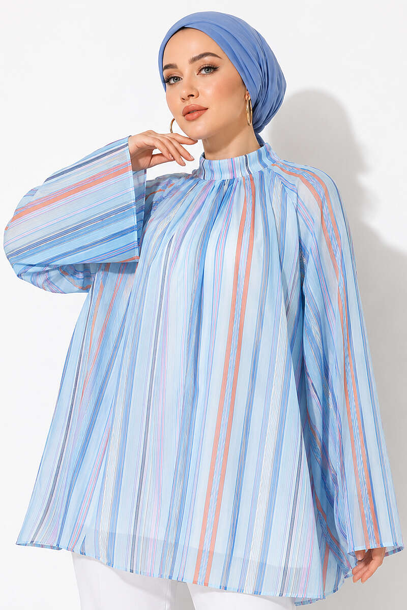 Striped Stand-Collar Tunic - Blue