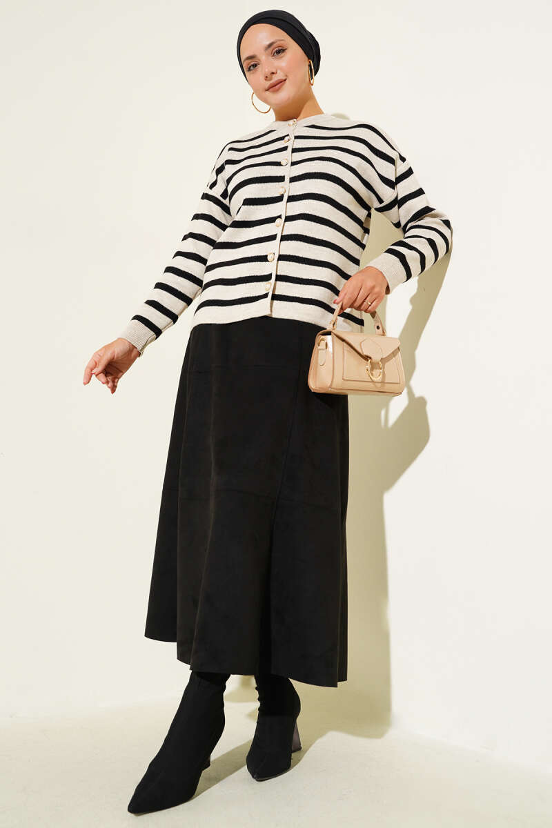 Short Striped Knit Cardigan with Button Detail - Beige