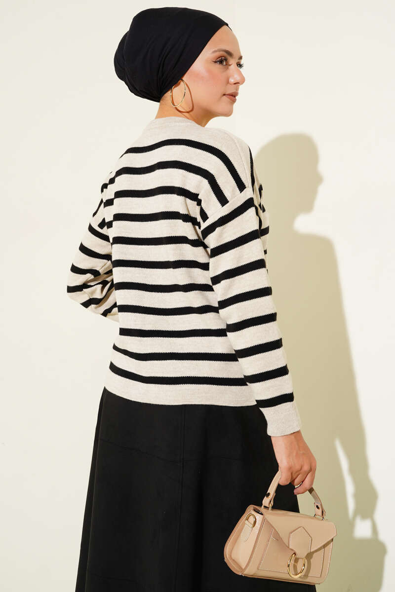 Short Striped Knit Cardigan with Button Detail - Beige