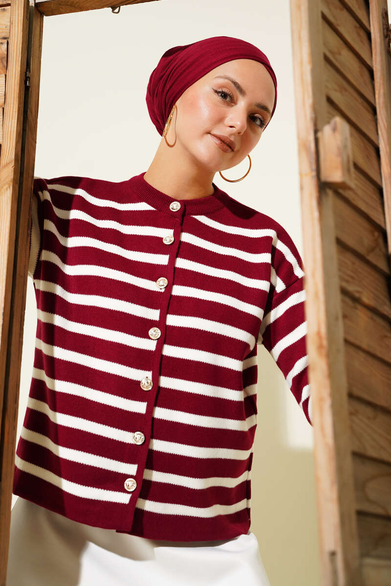 Short Striped Knit Cardigan with Button Detail - Burgundy