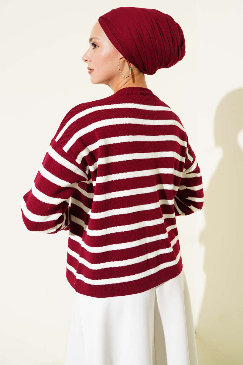 Short Striped Knit Cardigan with Button Detail - Burgundy