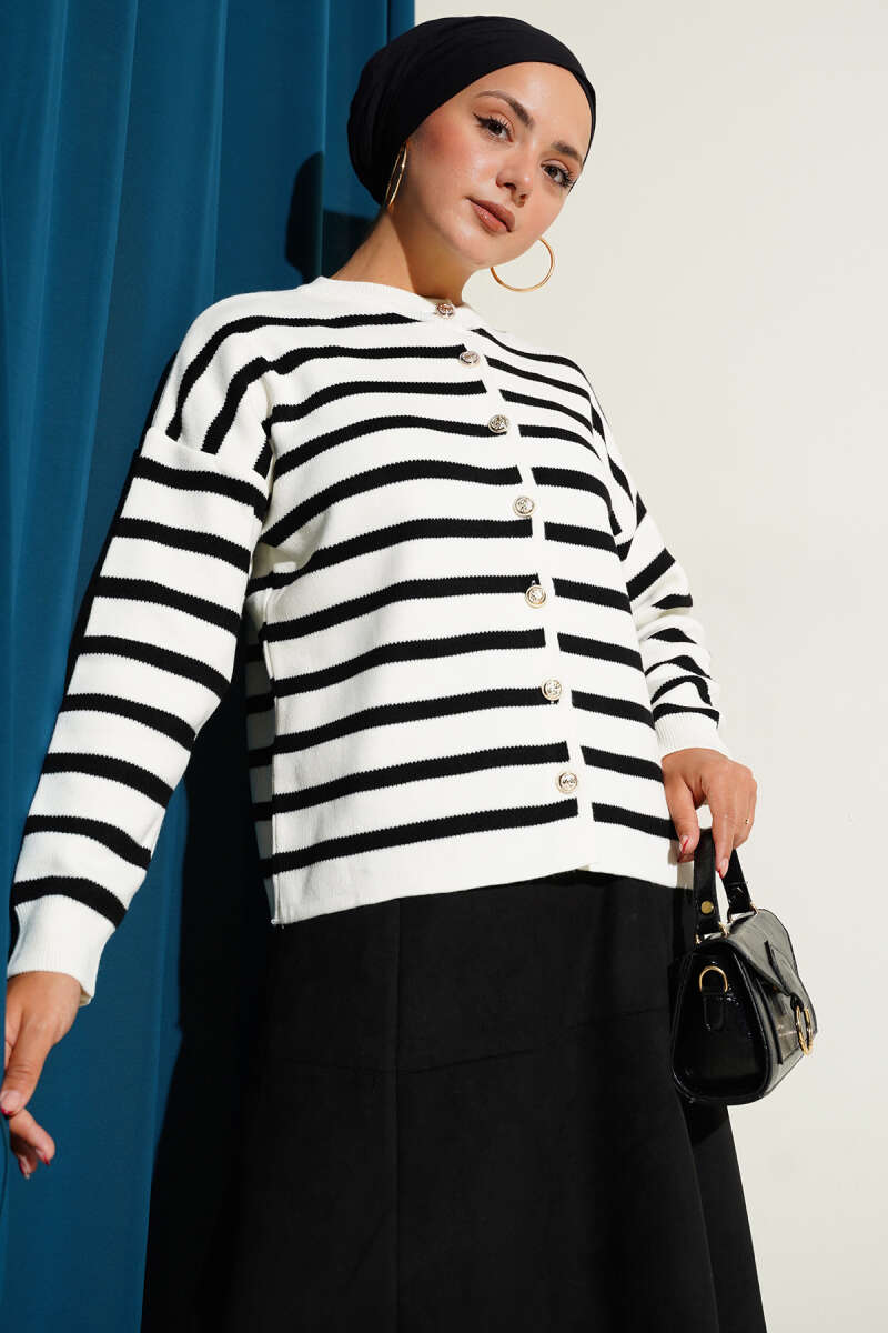 Short Striped Knit Cardigan with Button Detail - Ecru