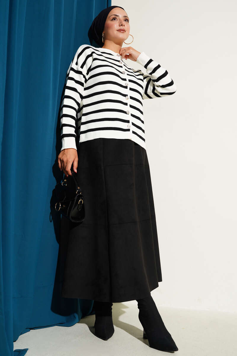 Short Striped Knit Cardigan with Button Detail - Ecru