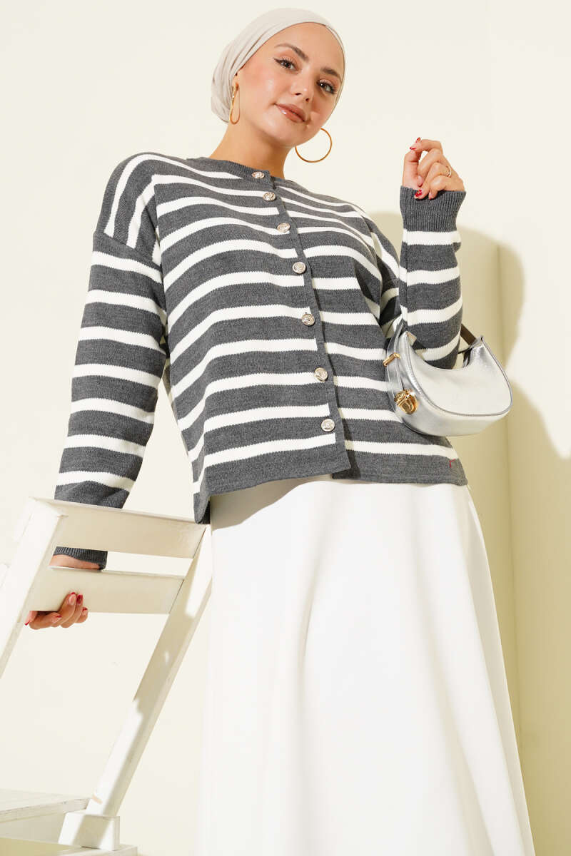 Short Striped Knit Cardigan with Button Detail - Smoke Grey