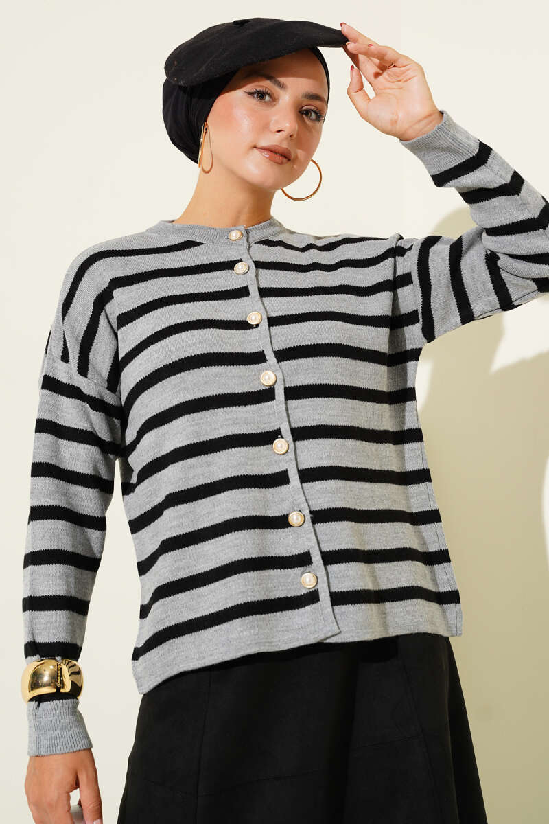 Short Striped Knit Cardigan with Button Detail - Grey