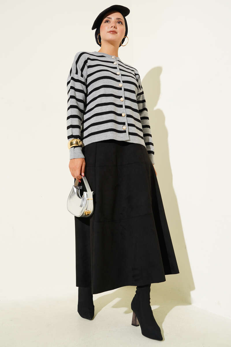 Short Striped Knit Cardigan with Button Detail - Grey