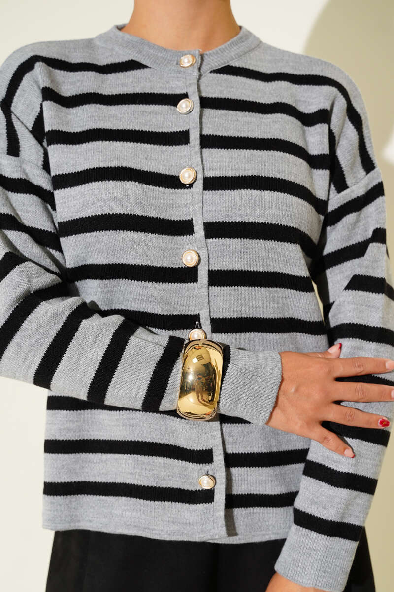 Short Striped Knit Cardigan with Button Detail - Grey