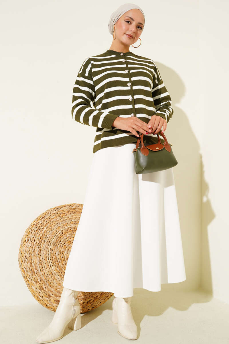 Short Striped Knit Cardigan with Button Detail - Khaki