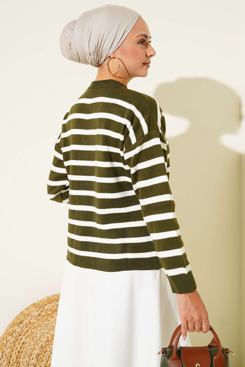 Short Striped Knit Cardigan with Button Detail - Khaki