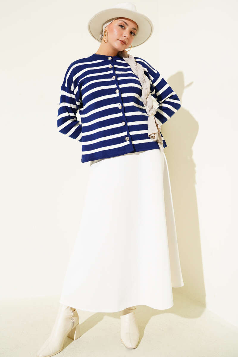 Short Striped Knit Cardigan with Button Detail - Navy
