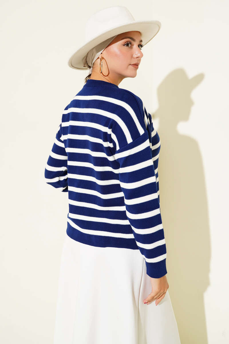 Short Striped Knit Cardigan with Button Detail - Navy
