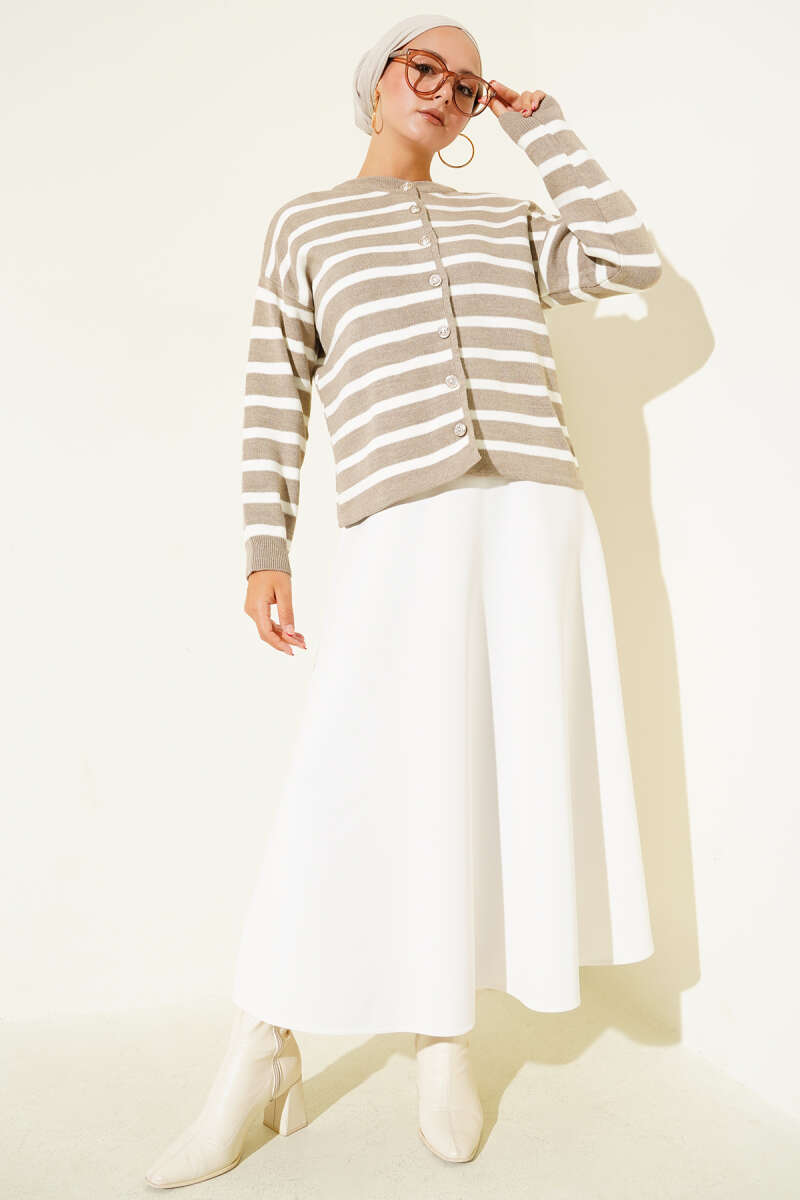 Short Striped Knit Cardigan with Button Detail - Latte