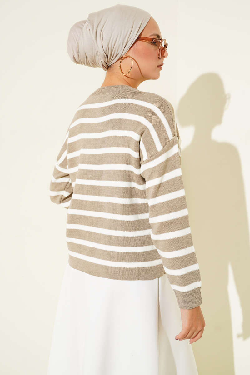 Short Striped Knit Cardigan with Button Detail - Latte