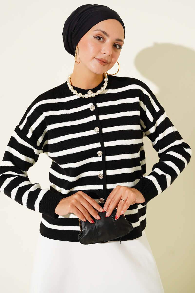 Short Striped Knit Cardigan with Button Detail - Black