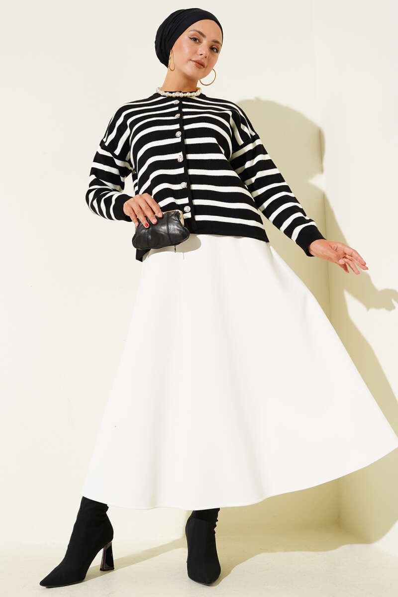 Short Striped Knit Cardigan with Button Detail - Black