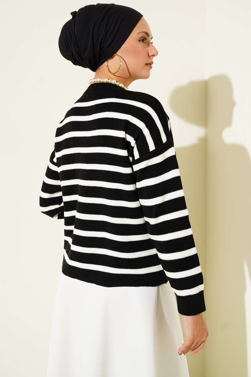 Short Striped Knit Cardigan with Button Detail - Black
