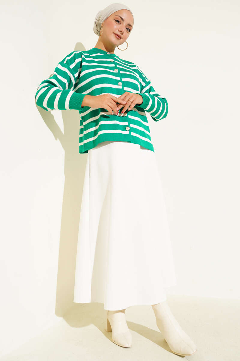 Short Striped Knit Cardigan with Button Detail - Green