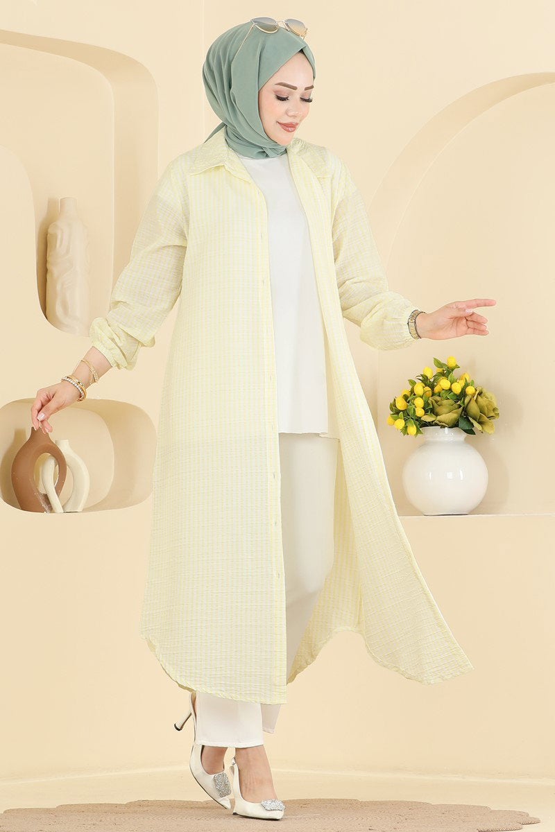 Striped Waffle Tunic with Buttons - Yellow