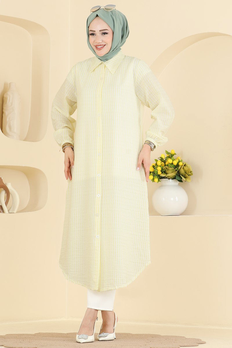 Striped Waffle Tunic with Buttons - Yellow