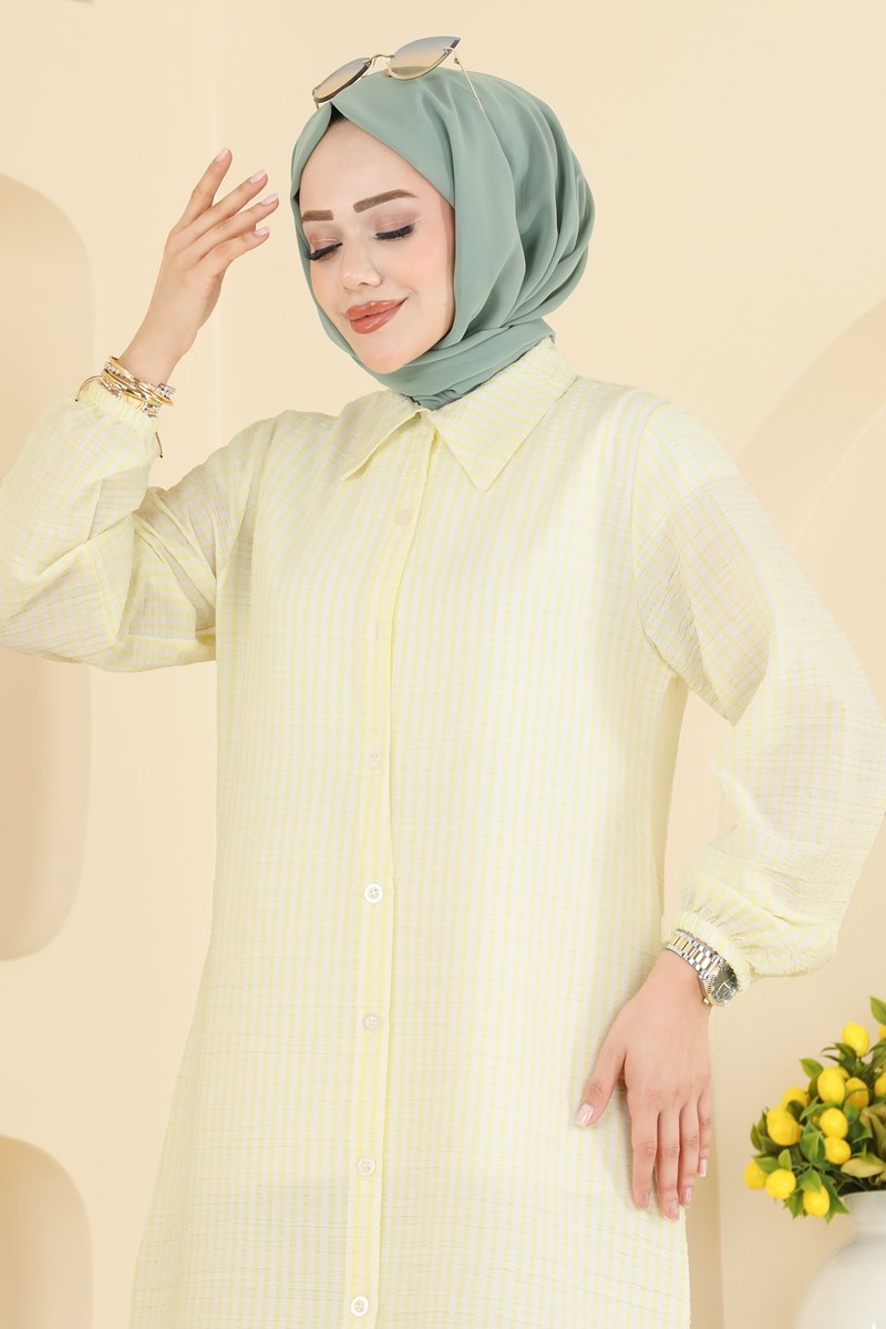Striped Waffle Tunic with Buttons - Yellow