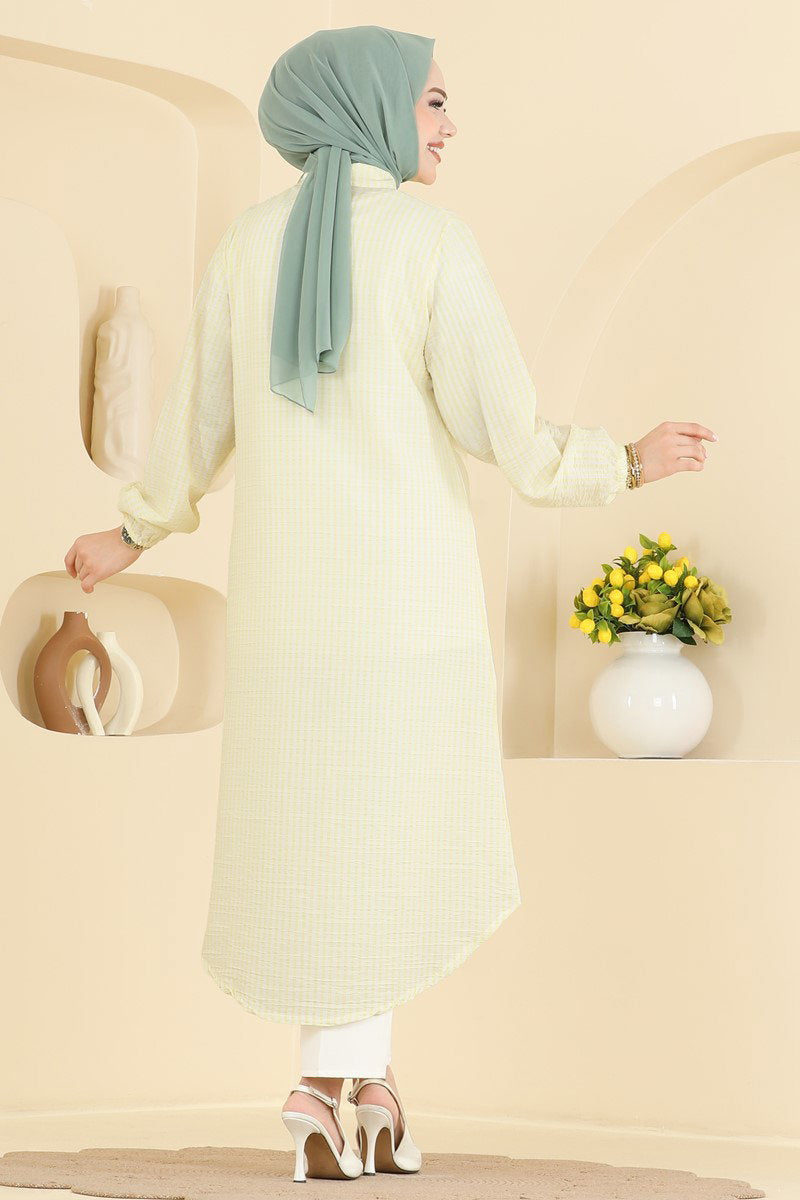 Striped Waffle Tunic with Buttons - Yellow
