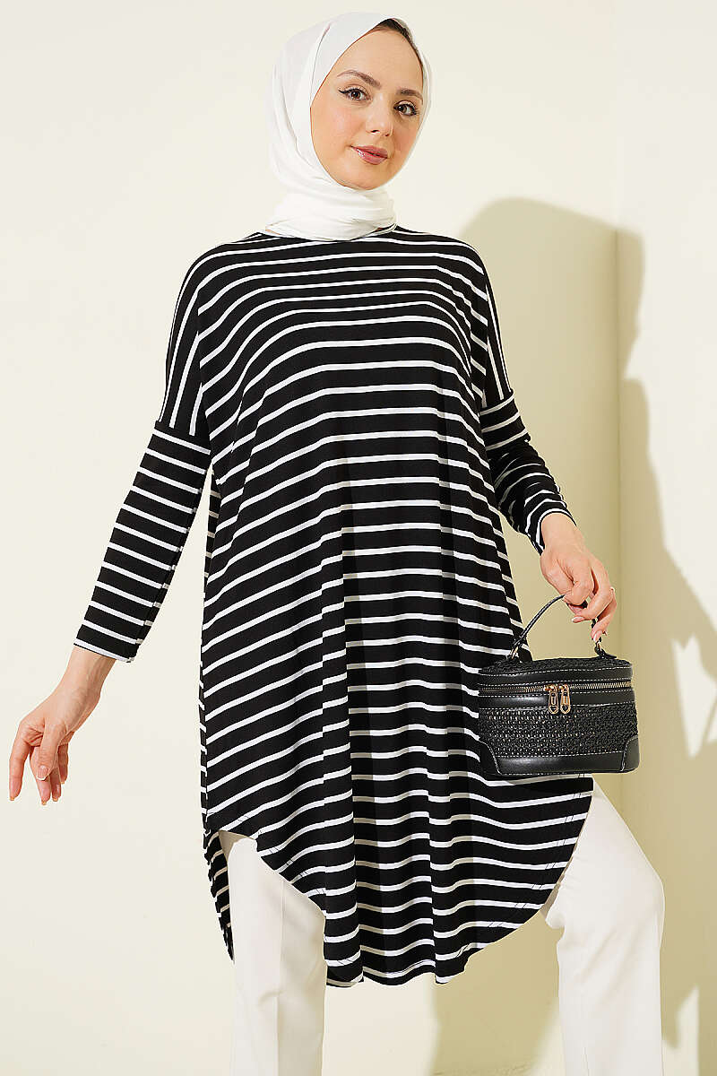 Striped Drop-Shoulder Tunic - Black