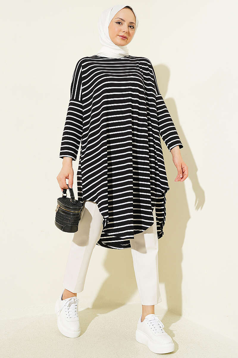 Striped Drop-Shoulder Tunic - Black