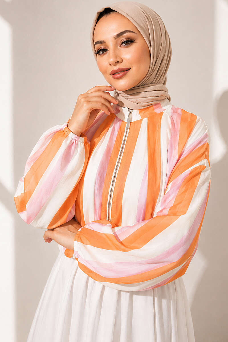 Striped Zip-Up Bomber Jacket - Orange