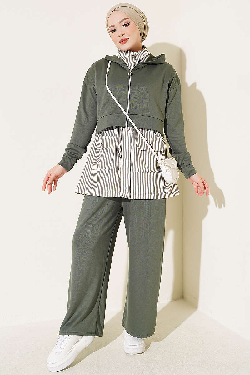 Striped Hooded Three-Piece Set - Khaki