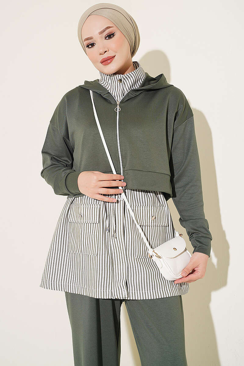 Striped Hooded Three-Piece Set - Khaki