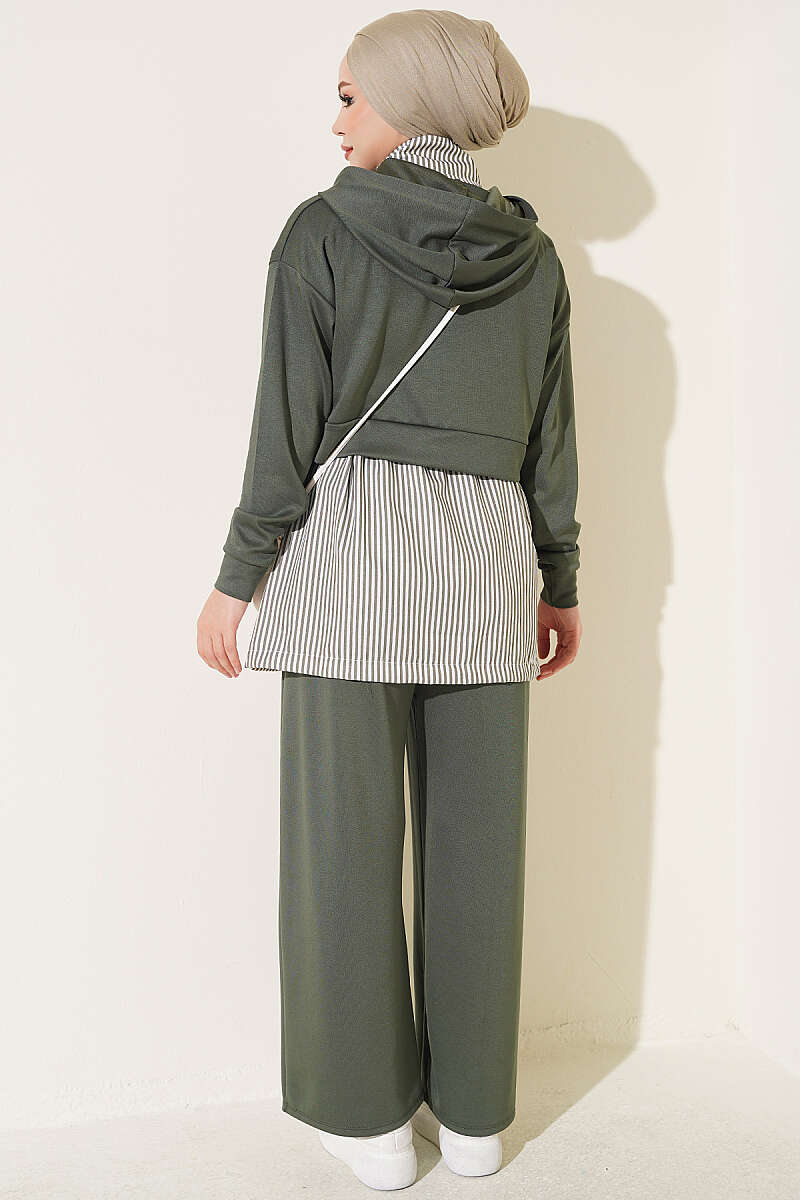 Striped Hooded Three-Piece Set - Khaki