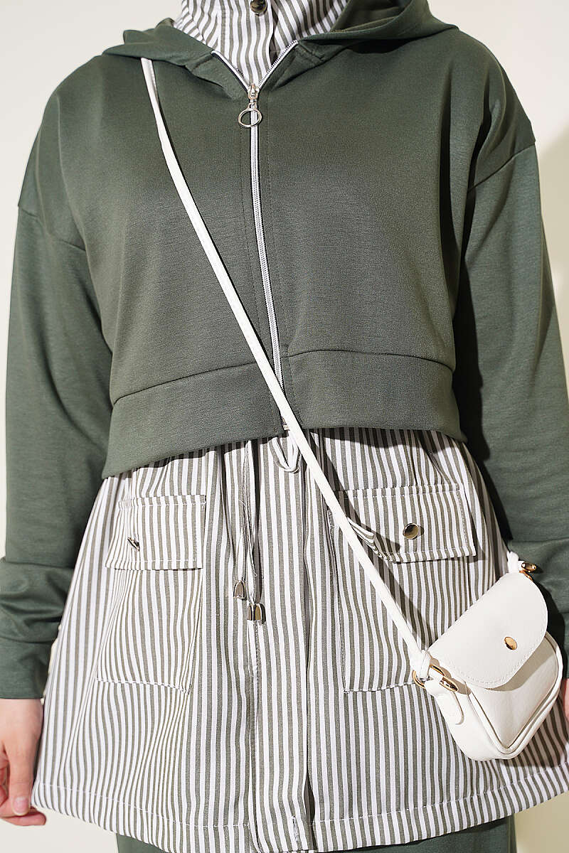 Striped Hooded Three-Piece Set - Khaki