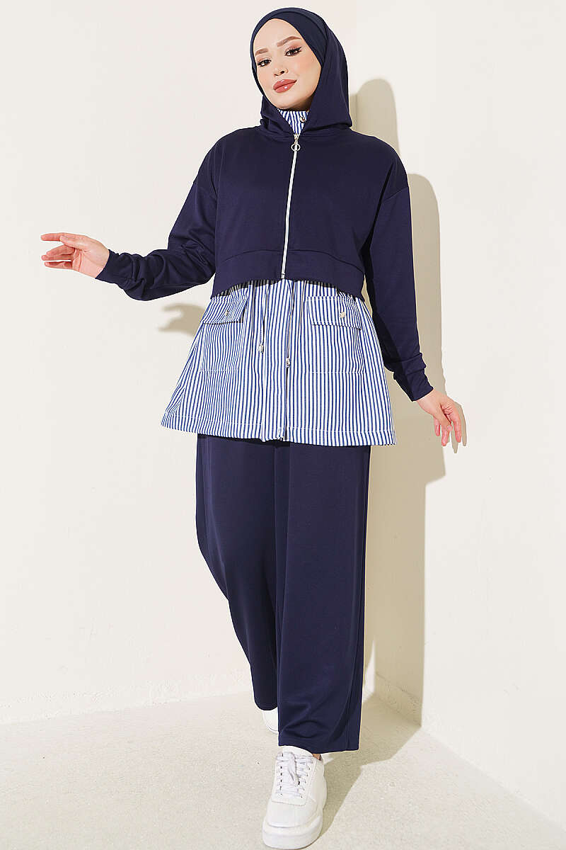Striped Hooded Three-Piece Set - Navy