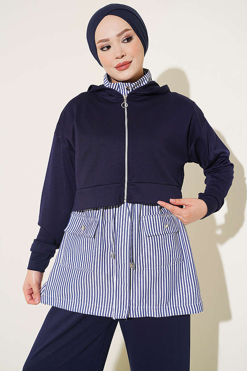 Striped Hooded Three-Piece Set - Navy