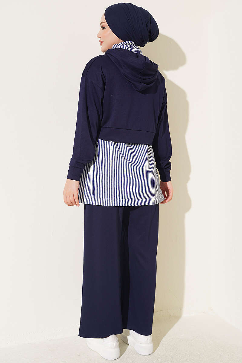 Striped Hooded Three-Piece Set - Navy